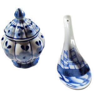 Jar spoon rest Blue White Ceramic country decor floral waves nautical coastal